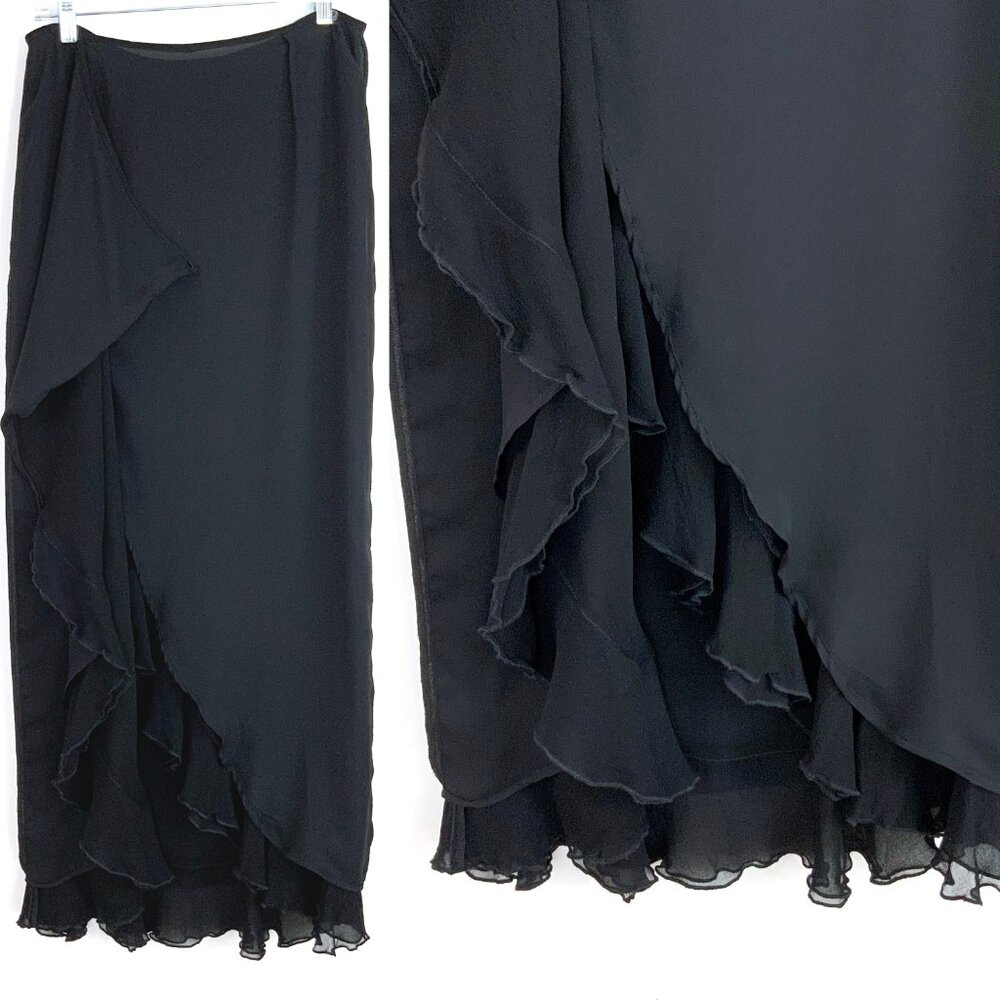 Vintage A.B.S. by Allen Schwartz Black Maxi Wrap Skirt Cascading Ruffles Sz 12 - Picture 11 of 16